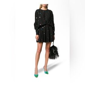 Gathered Sequin-embellished Crepe De Chine Mini Dress Black Med Holiday Wedding